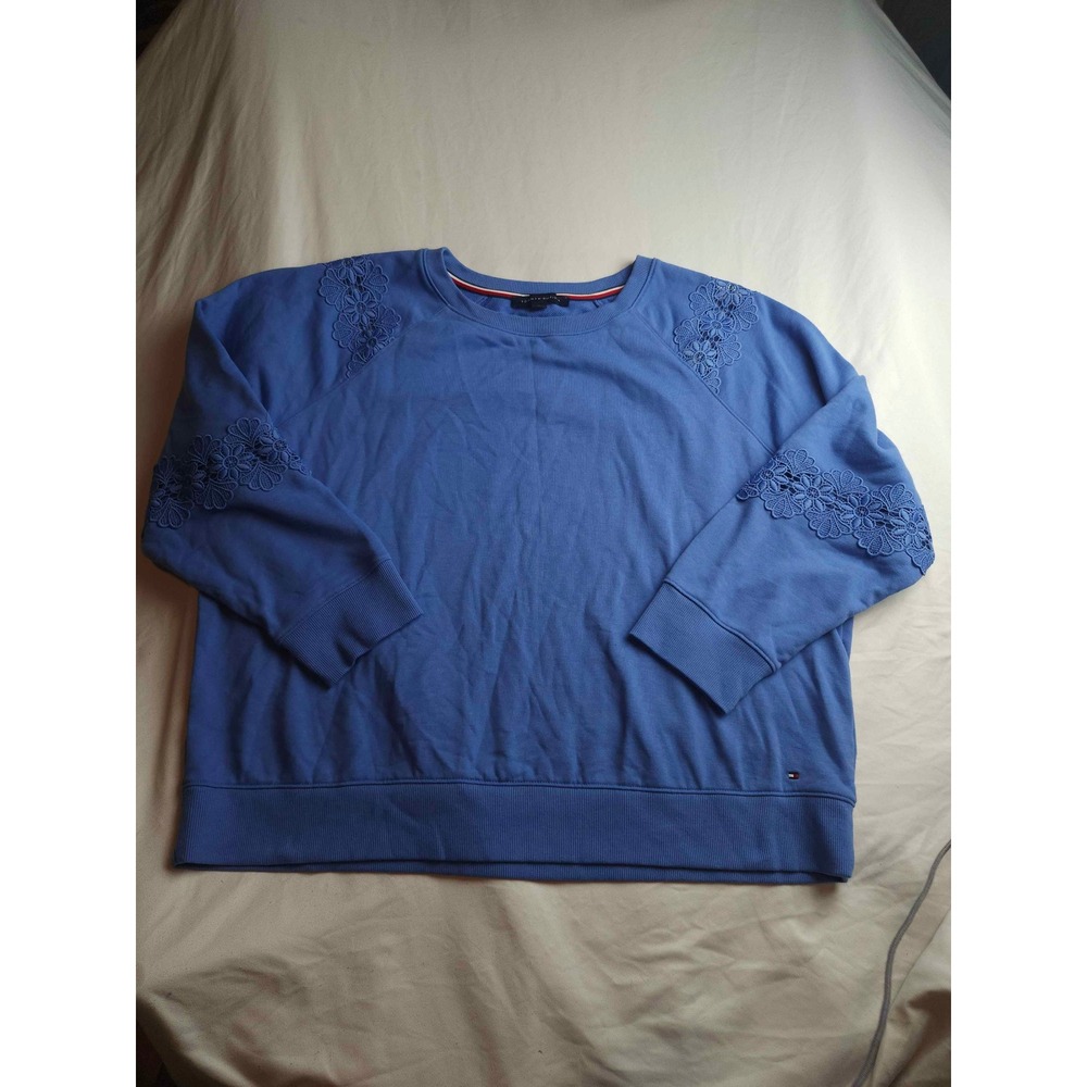 Tommy Hilfiger Blue Lace Crochet Sleeve Sweatshirt Plus Size 1X Crewneck Womens